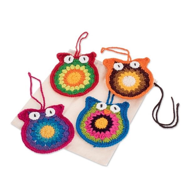 Alternate image for Artisan Hand-Crocheted Ornaments set of 4 Festive Owls