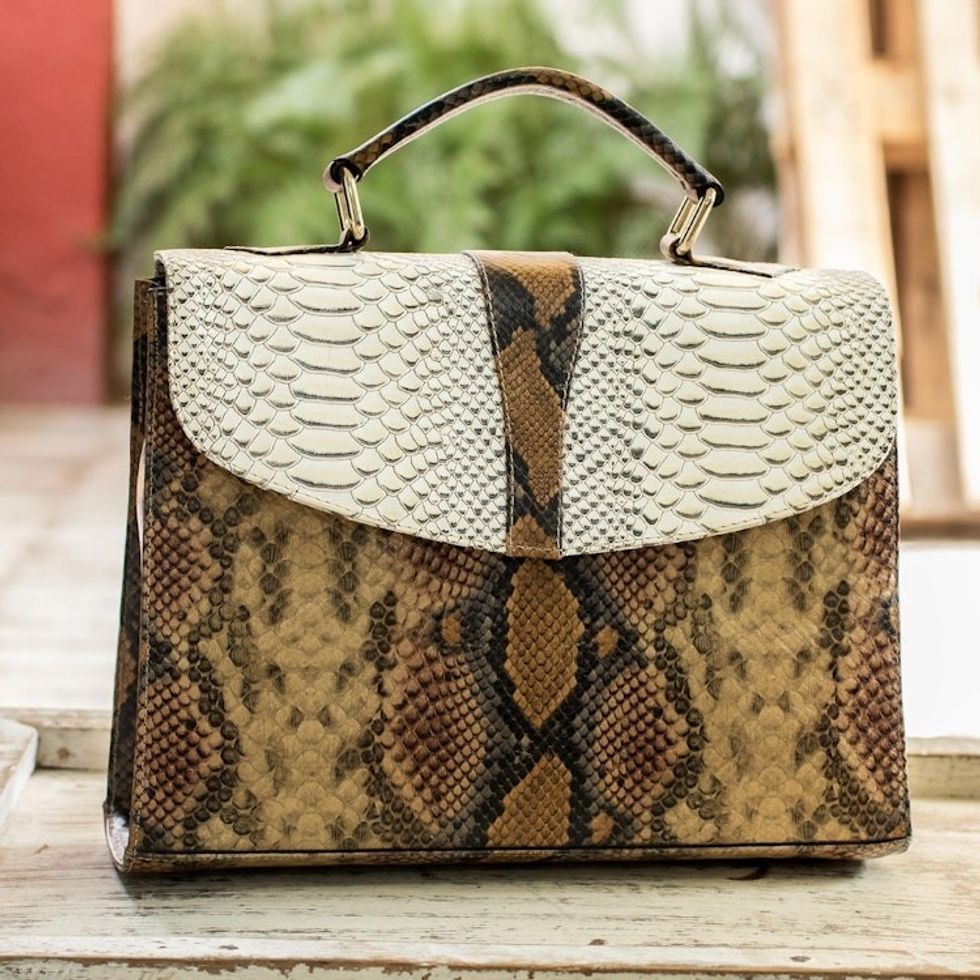 Snake Print Leather Handbag 'Rio Coco'