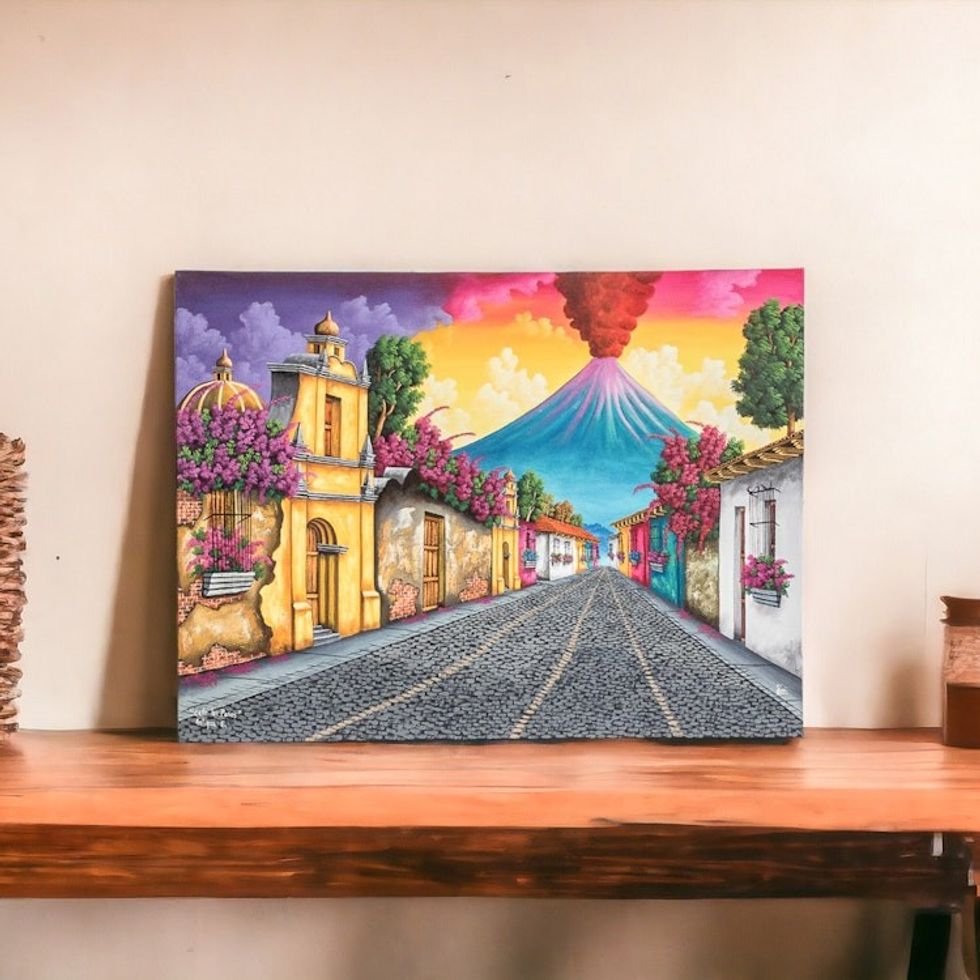 Signed Stretched Oil Painting of Colorful Traditional Street 'Los Pasos Street'