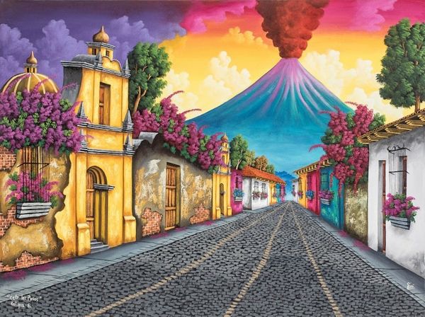 Alternate image for Signed Stretched Oil Painting of Colorful Traditional Street Los Pasos Street