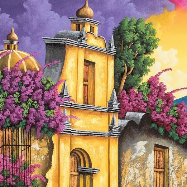 Alternate image for Signed Stretched Oil Painting of Colorful Traditional Street Los Pasos Street
