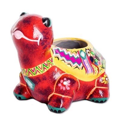 Main image for Hand-Painted Small Ceramic Flower Pot from Guatemala Floral Turtle