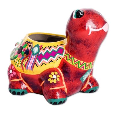 Alternate image for Hand-Painted Small Ceramic Flower Pot from Guatemala Floral Turtle