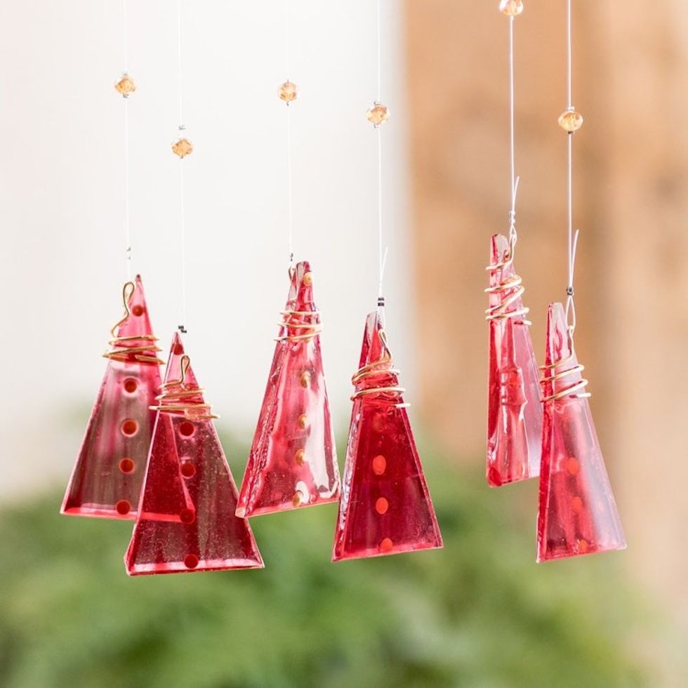 Recycled Glass Red Geometric Windchime Crafted in Costa Rica 'Red Illusion'