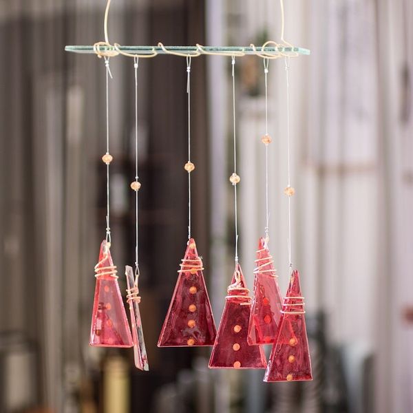 Alternate image for Recycled Glass Red Geometric Windchime Crafted in Costa Rica Red Illusion