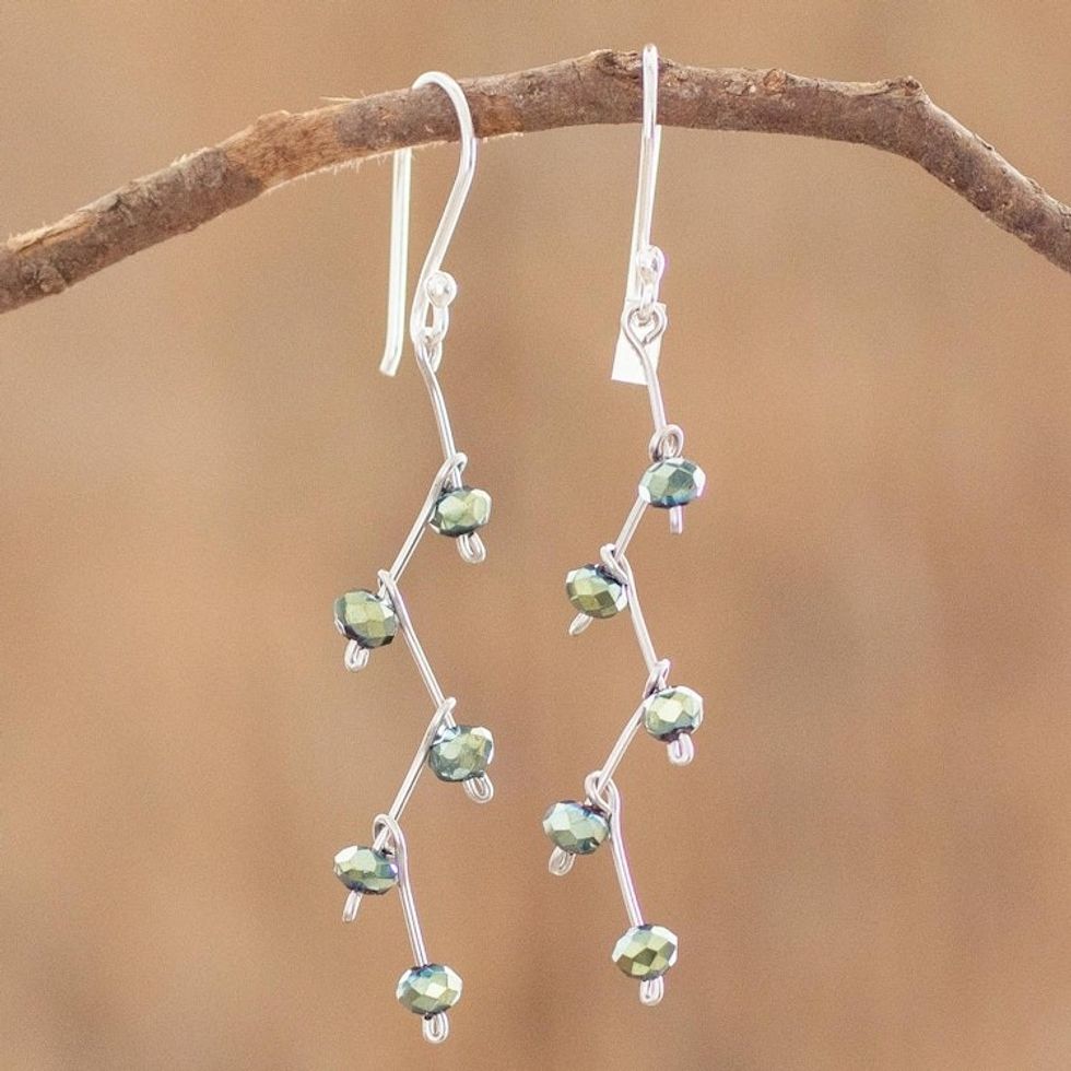 Green Beaded Dangle Earrings With Sterling Silver Hooks 'Green Iridescent'