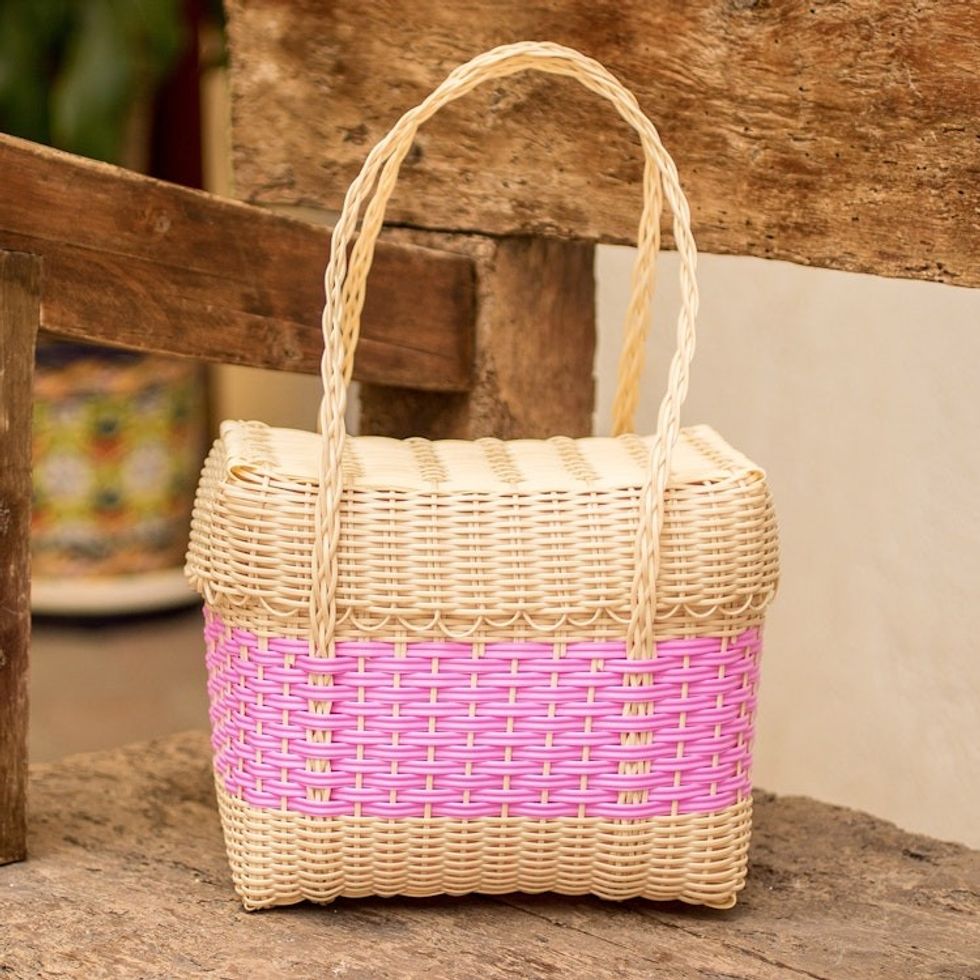 Guatemalan Handwoven Basket in Pink and Cornsilk 'Pink Field'