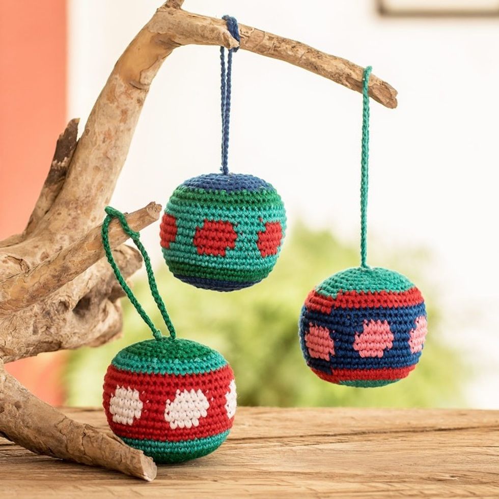 Set of 3 Cotton Crocheted Ornaments Handcrafted in Guatemala 'Colorful Fun'