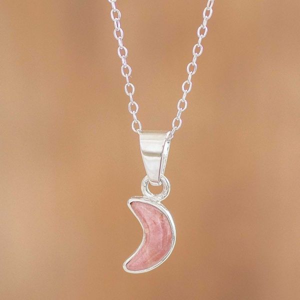 Alternate image for Sterling and Rhodonite Necklace Moon Crescent in Pink