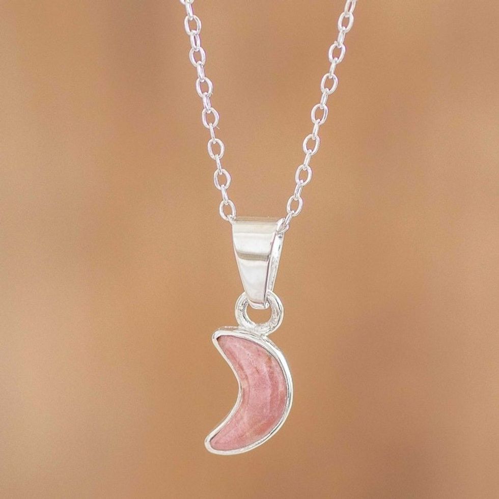 Sterling and Rhodonite Necklace 'Moon Crescent in Pink'