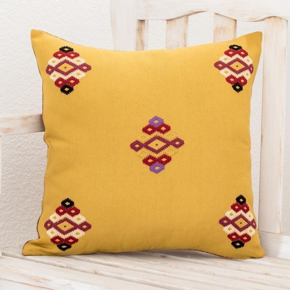 Mustard Colored Loom Woven Cotton Throw Pillow Cover 'Jaspe and Geometry'