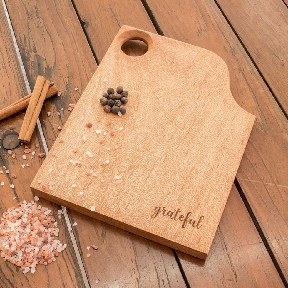 Handcrafted Brown Oak Wood Cutting or Serving Board 'Vibrant Delicacies'
