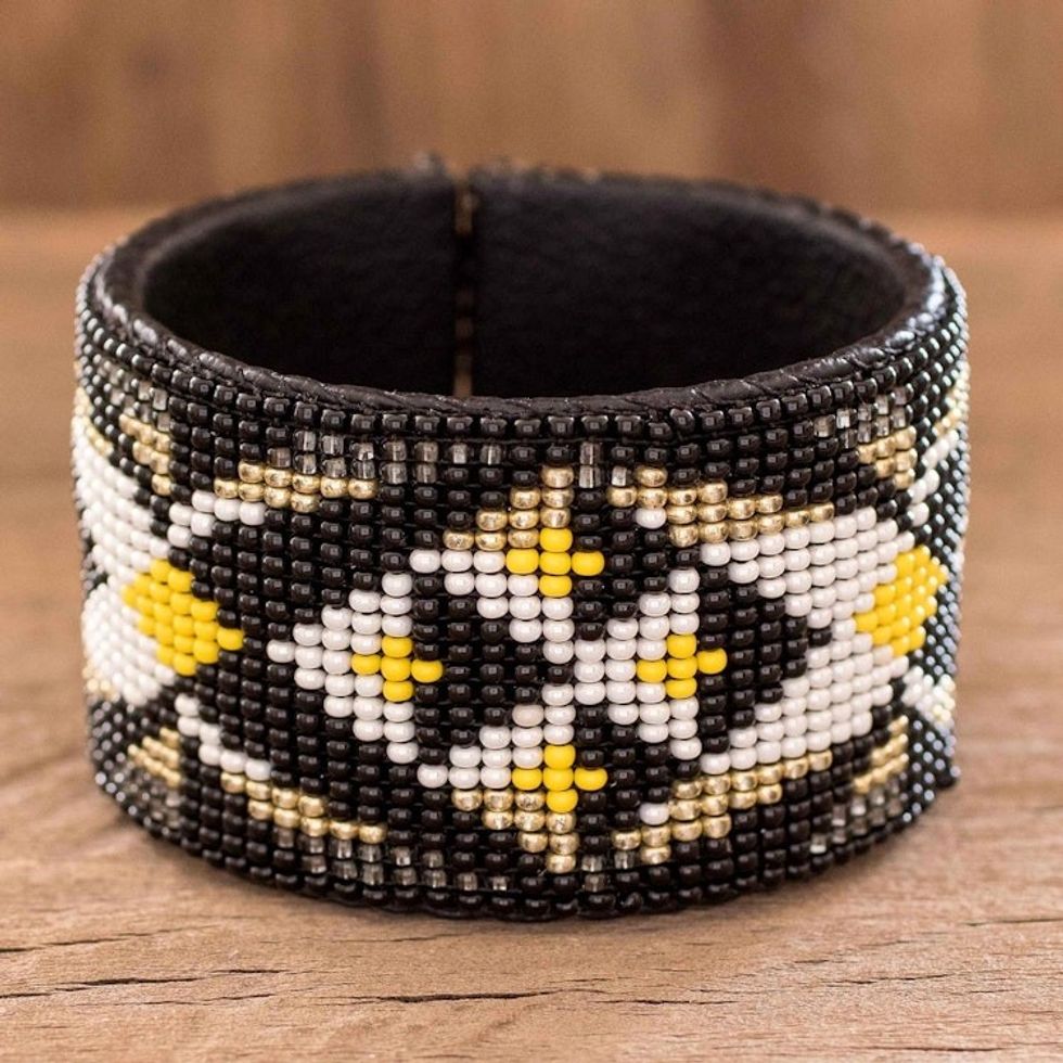 Handmade Beaded Leather Cuff Bracelet 'Transcendent Geometry'