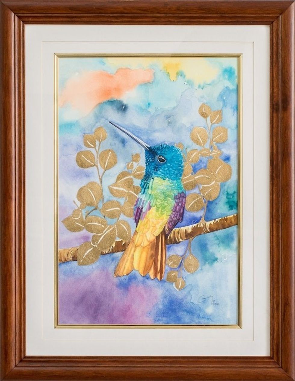 Framed Hummingbird Watercolor Painting from Costa Rica 'Leaves of Gold'