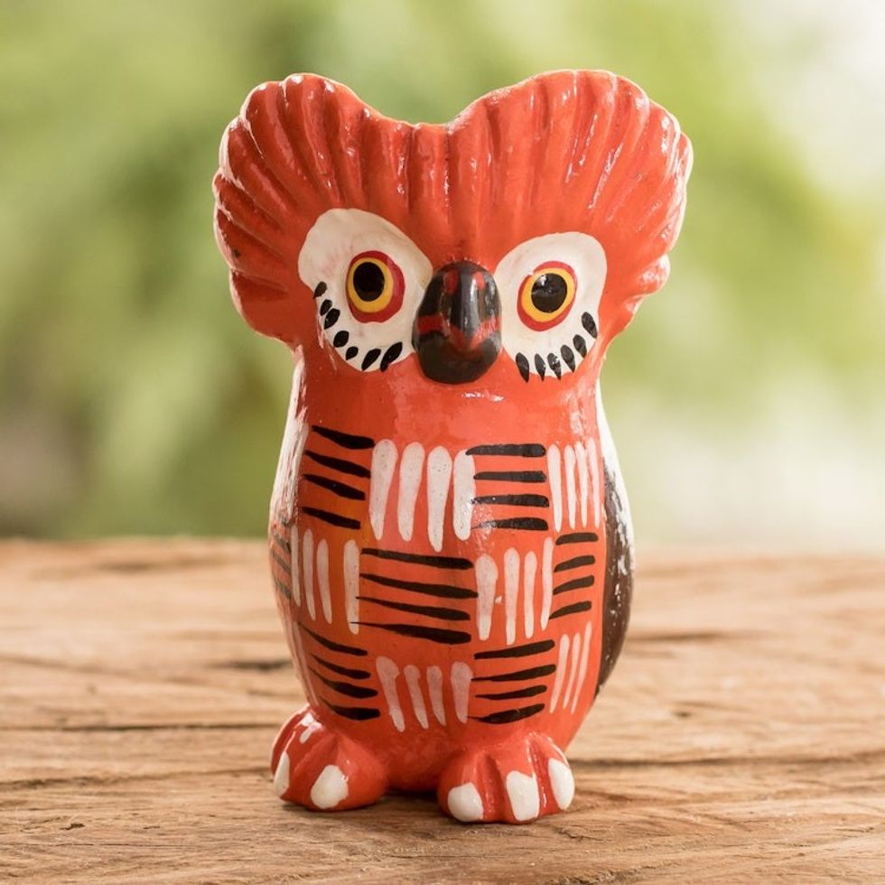 Red Owl-shaped Ceramic Figurine Handmade in Guatemala 'Summer Tecolote'