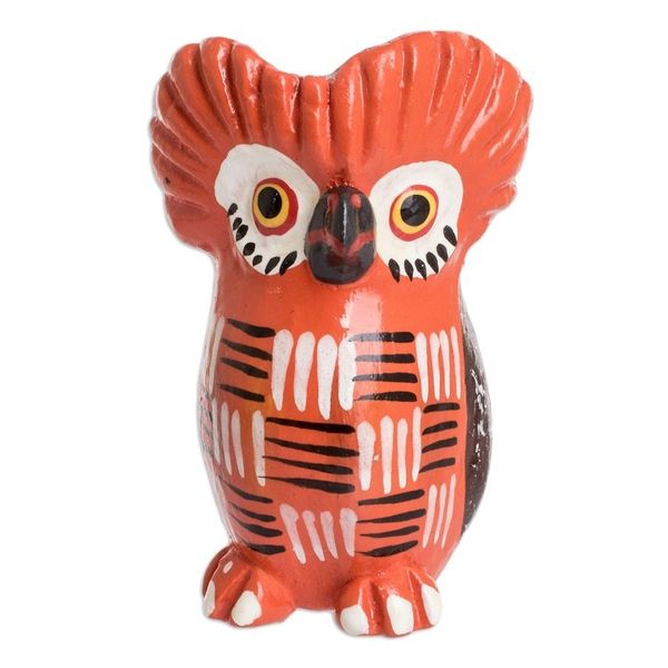 Alternate image for Red Owl-shaped Ceramic Figurine Handmade in Guatemala Summer Tecolote