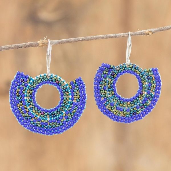 Alternate image for Hand Beaded Blue Circular Dangle Earrings from Costa Rica Blue Half Moon