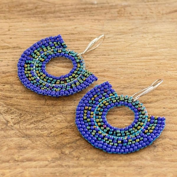Alternate image for Hand Beaded Blue Circular Dangle Earrings from Costa Rica Blue Half Moon