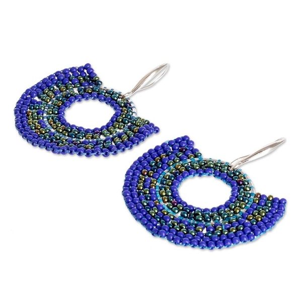 Alternate image for Hand Beaded Blue Circular Dangle Earrings from Costa Rica Blue Half Moon