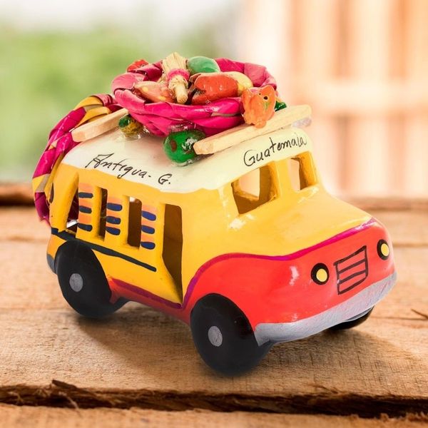 Alternate image for Red and Yellow Ceramic Bus Sculpture from Guatemala Red and Yellow Old Time Bus