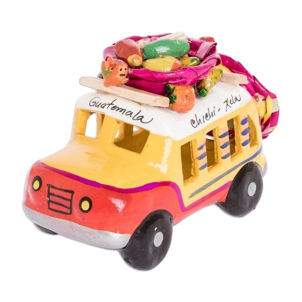 Alternate image for Red and Yellow Ceramic Bus Sculpture from Guatemala Red and Yellow Old Time Bus