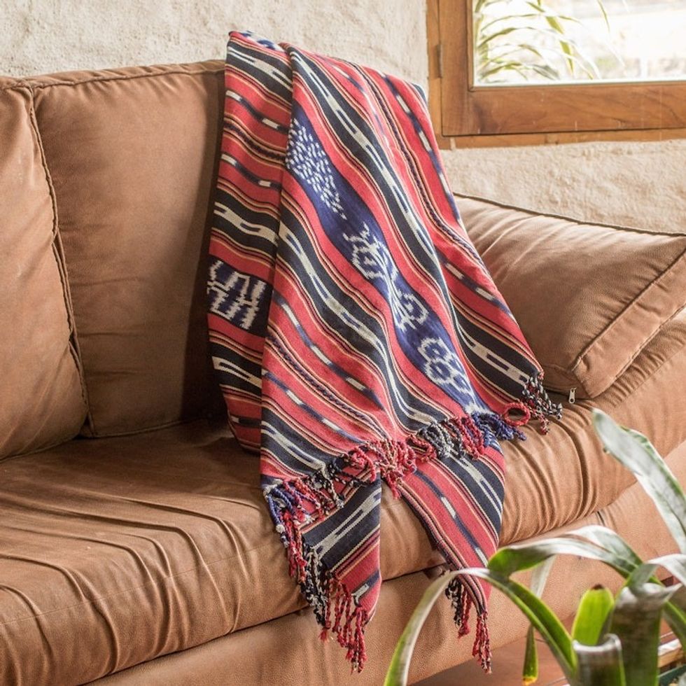 Red and Blue Striped Hand-Woven Cotton Throw Blanket 'Rustic'