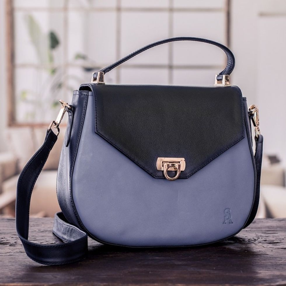 Blue Leather Sling Bag with Handle Removable Strap 'Blue Subtlety'