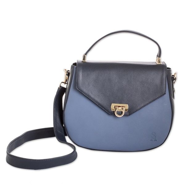 Alternate image for Blue Leather Sling Bag with Handle Removable Strap Blue Subtlety