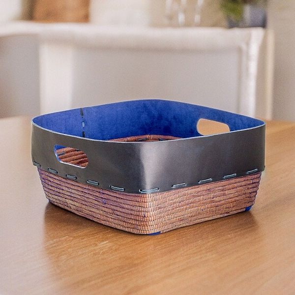 Alternate image for Leather and Pine Needle Decorative Basket from Nicaragua Bold Blue Beauty