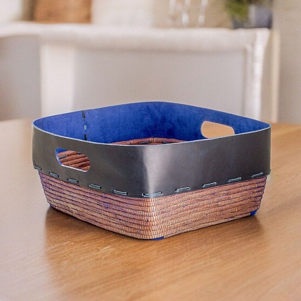 Leather and Pine Needle Decorative Basket from Nicaragua 'Bold Blue Beauty'