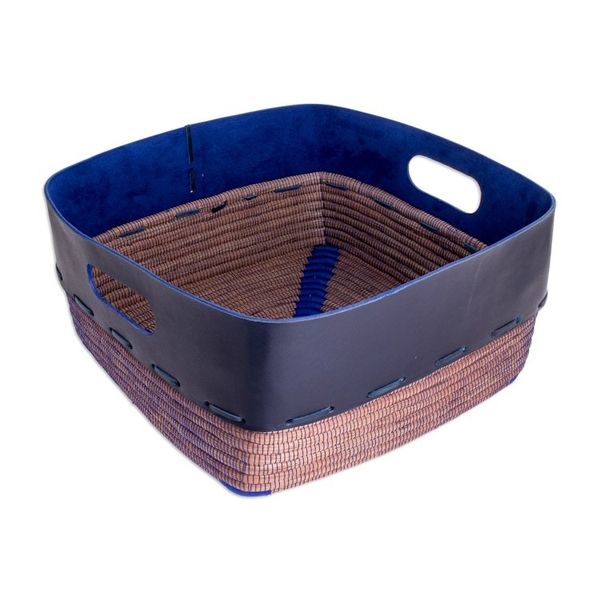 Alternate image for Leather and Pine Needle Decorative Basket from Nicaragua Bold Blue Beauty
