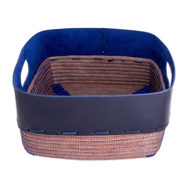 Alternate image for Leather and Pine Needle Decorative Basket from Nicaragua Bold Blue Beauty
