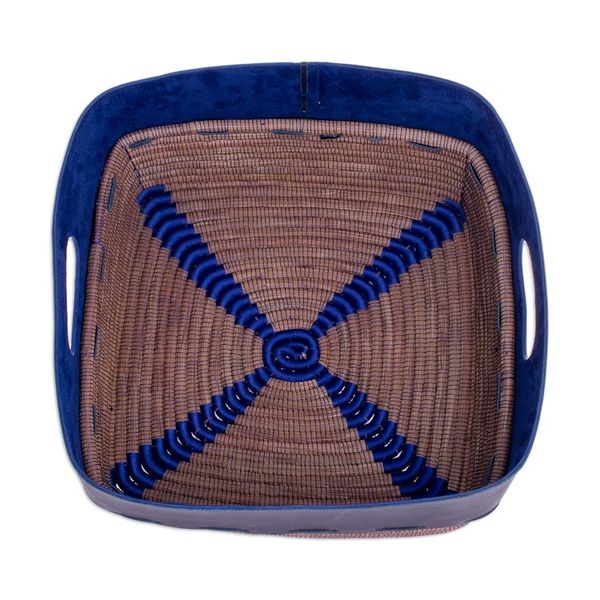 Alternate image for Leather and Pine Needle Decorative Basket from Nicaragua Bold Blue Beauty