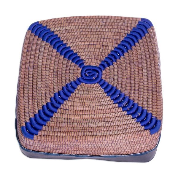 Alternate image for Leather and Pine Needle Decorative Basket from Nicaragua Bold Blue Beauty