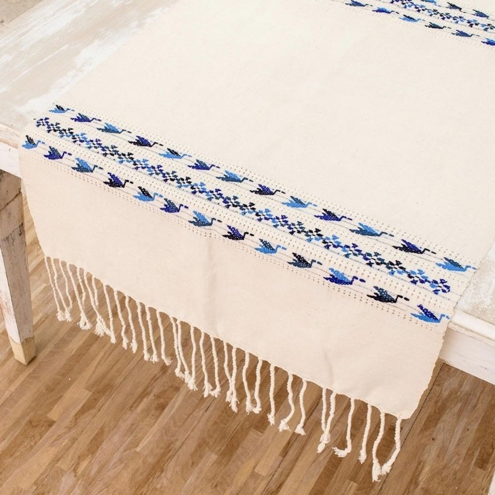Hand Woven Ivory Table Runner with Images of Birds 'Mountain Birds'