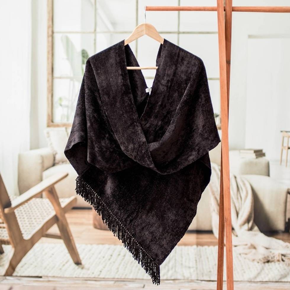 Handwoven Cross Front Black Cotton Blend Poncho with Fringes 'Dark Night'