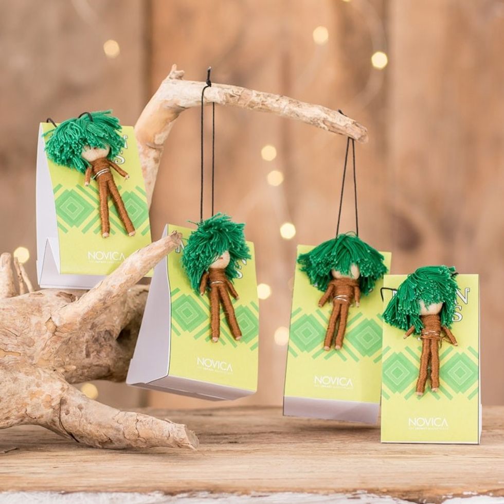 Set of 4 Handcrafted Cotton and Cibaque Tree Worry Dolls 'Mayan Trees'