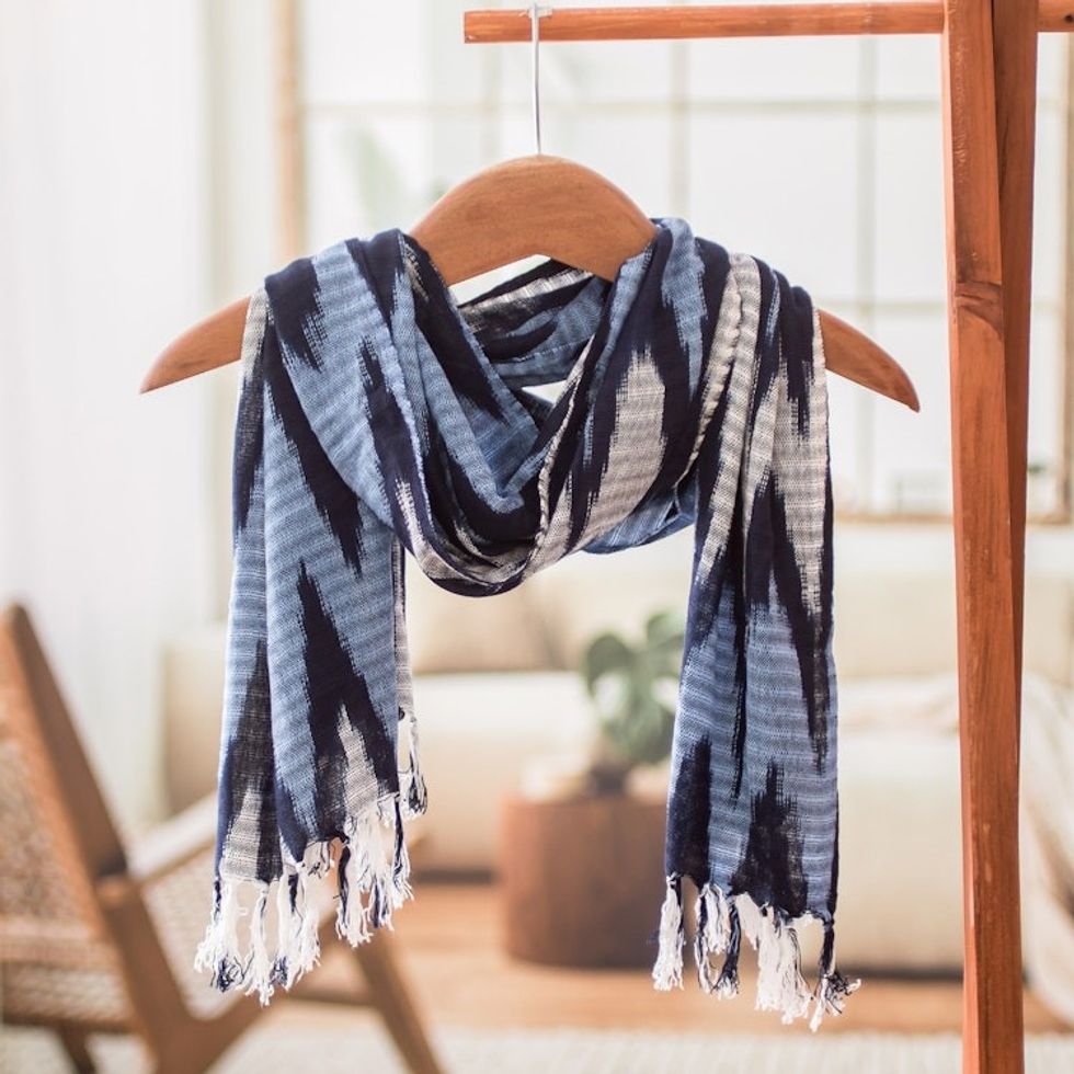 Hand-Woven White and Blue Rayon Scarf with Zigzag Pattern 'The Ocean'