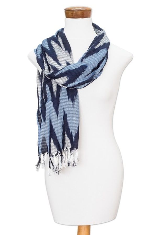 Alternate image for Hand-Woven White and Blue Rayon Scarf with Zigzag Pattern The Ocean
