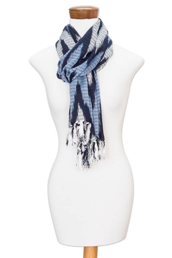 Alternate image for Hand-Woven White and Blue Rayon Scarf with Zigzag Pattern The Ocean