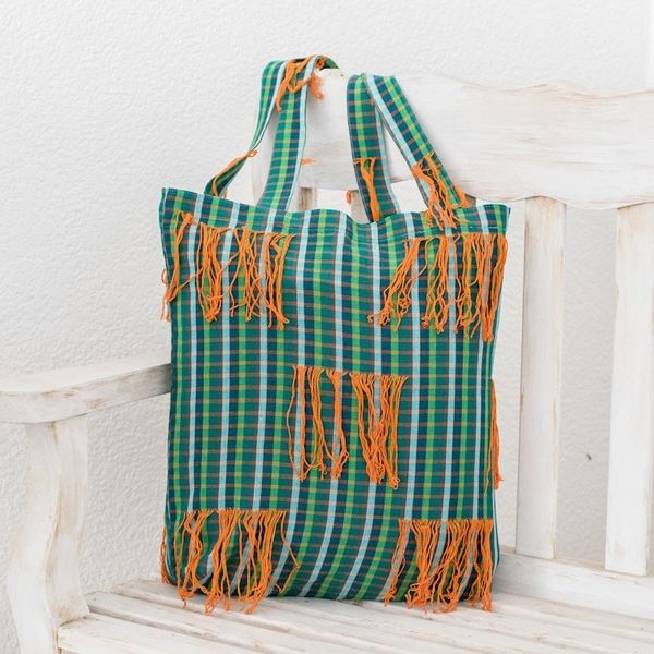 Alternate image for Green Plaid Open Top Tote Bag With Orange Fringe Green and Orange