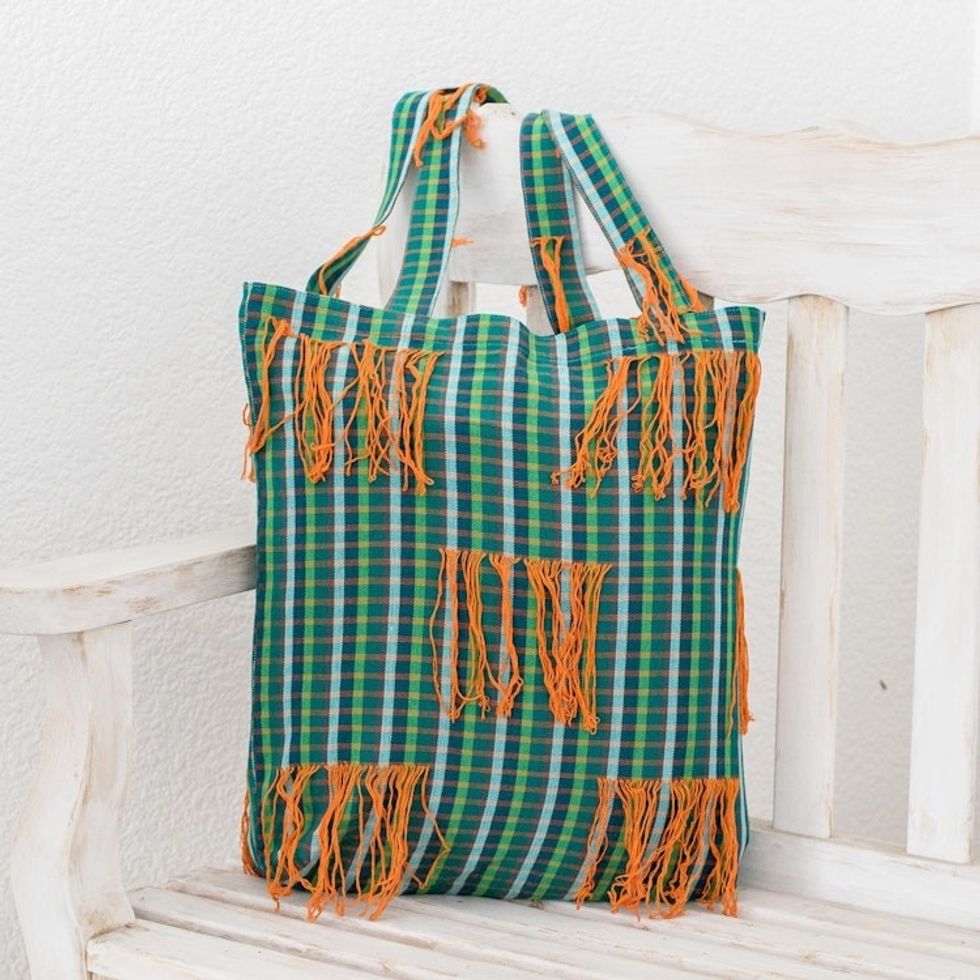 Green Plaid Open Top Tote Bag With Orange Fringe 'Green and Orange'