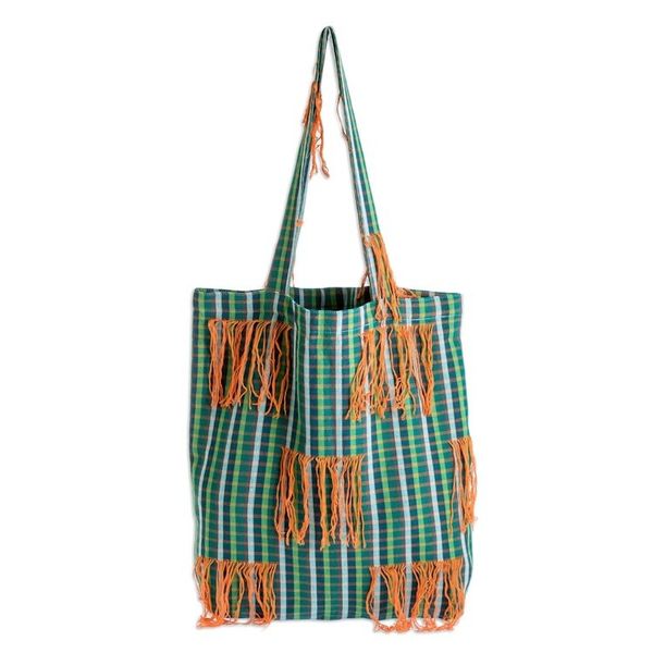 Alternate image for Green Plaid Open Top Tote Bag With Orange Fringe Green and Orange