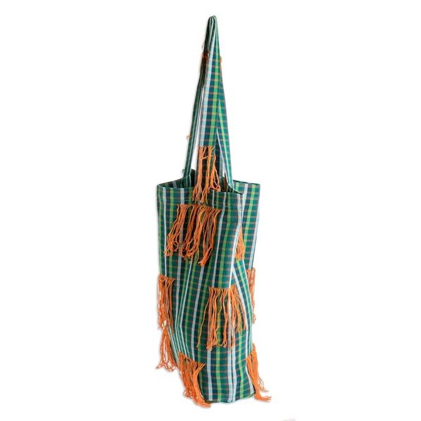 Alternate image for Green Plaid Open Top Tote Bag With Orange Fringe Green and Orange
