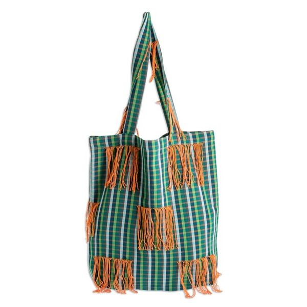 Alternate image for Green Plaid Open Top Tote Bag With Orange Fringe Green and Orange