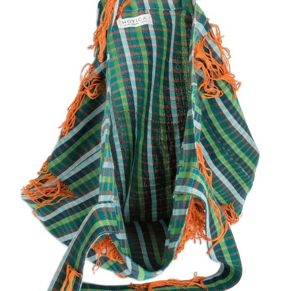 Alternate image for Green Plaid Open Top Tote Bag With Orange Fringe Green and Orange