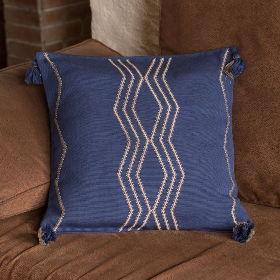 Handloomed Geometric Indigo and Beige Cotton Cushion Cover 'Indigo Directions'