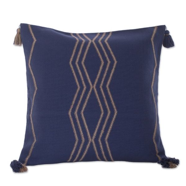 Alternate image for Handloomed Geometric Indigo and Beige Cotton Cushion Cover Indigo Directions