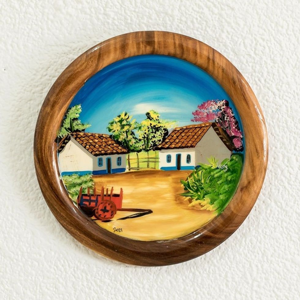 Cedar Wood Hand-Painted Decorative Plate from Costa Rica 'Country Place'