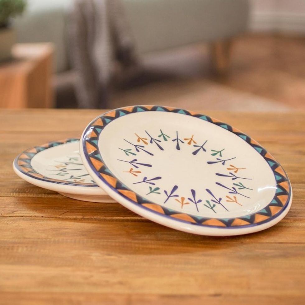 Ceramic Hand Painted Plates with Geometric Design Pair 'Antigua Breeze'